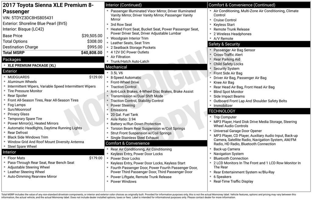 2017 Toyota Sienna XLE Premium 8 Passenger