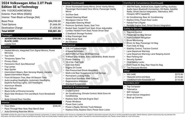 2024 Volkswagen Atlas 2.0T Peak Edition SE w/Technology